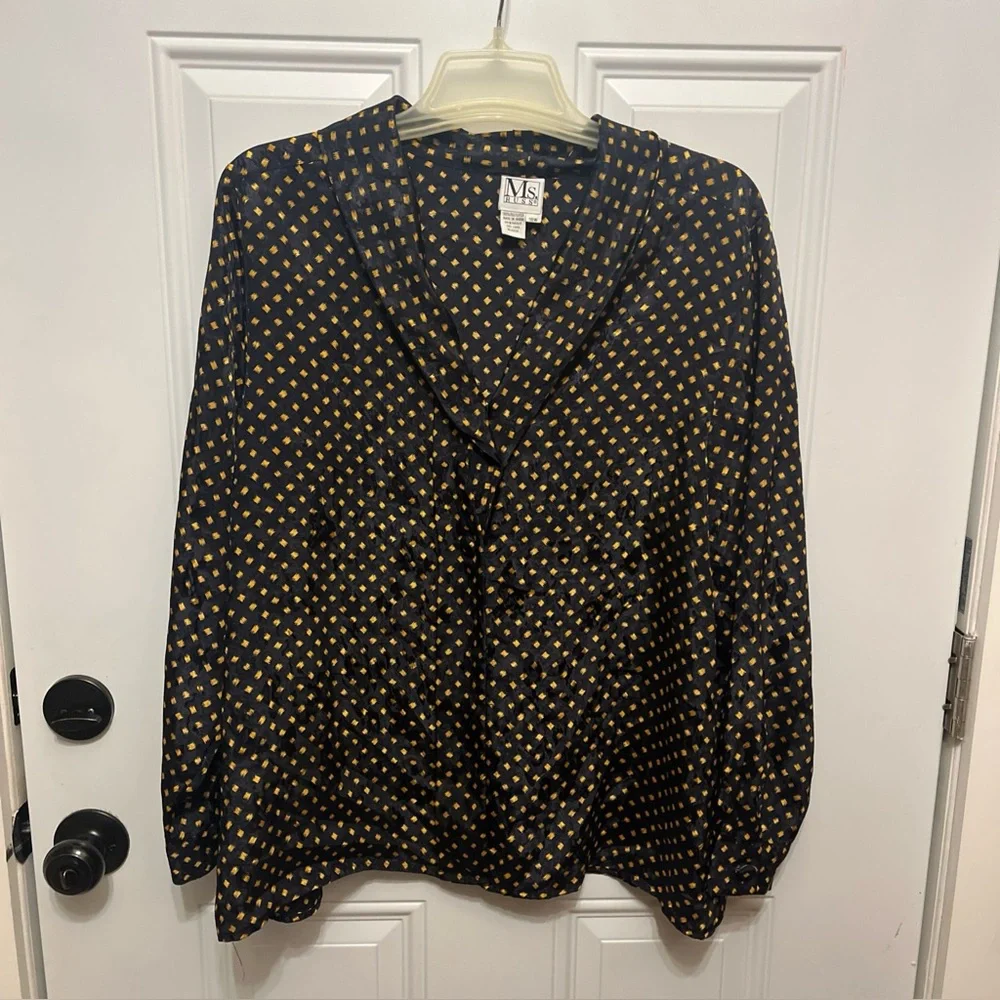 Ms. RUSS Navy and Gold Patterned Blouse - Picture 1 of 8
